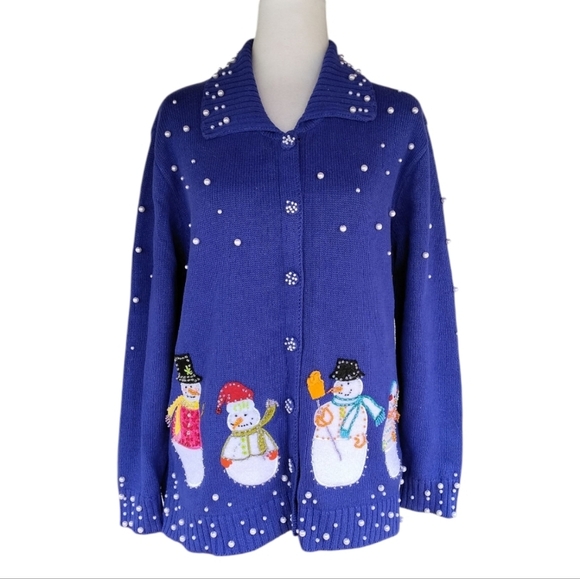 Storybook Knits Snowman Embroidered Pearl Scattered Snow Cotton Blend Size Small - Picture 1 of 8